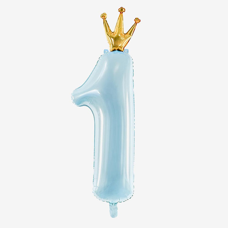 Anniversaire 1 an garçon : ballon chiffre 1 bleu avec couronne dorée