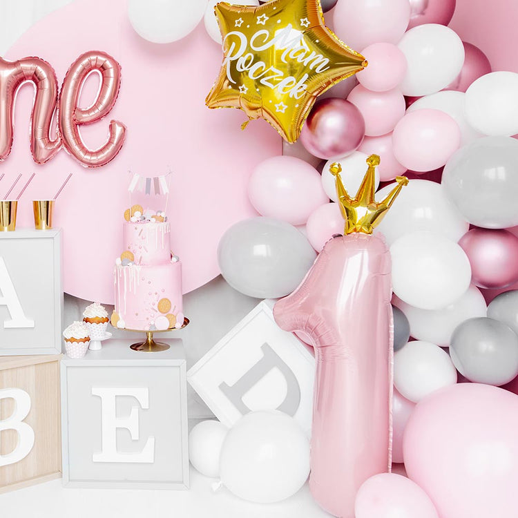 Deco anniversaire 1 an fille princesse rose avec ballon chiffre 1 rose