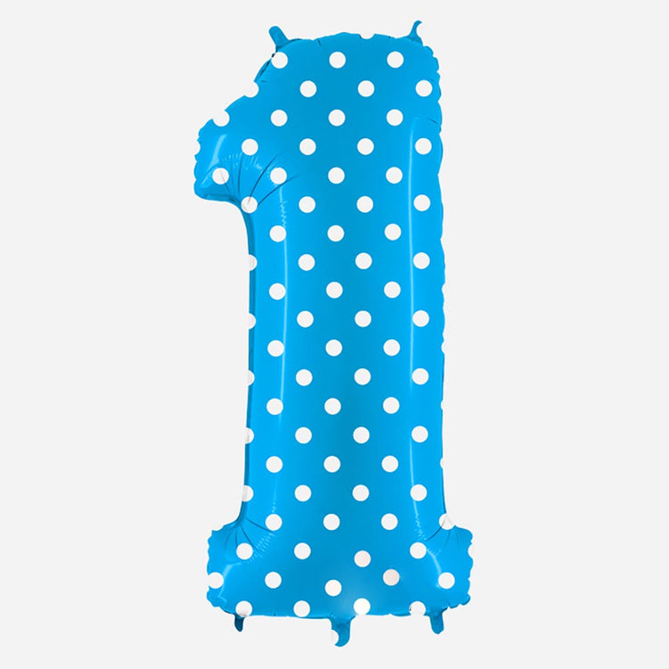Decoration anniversaire : ballon chiffre 1 géant bleu à pois blancs