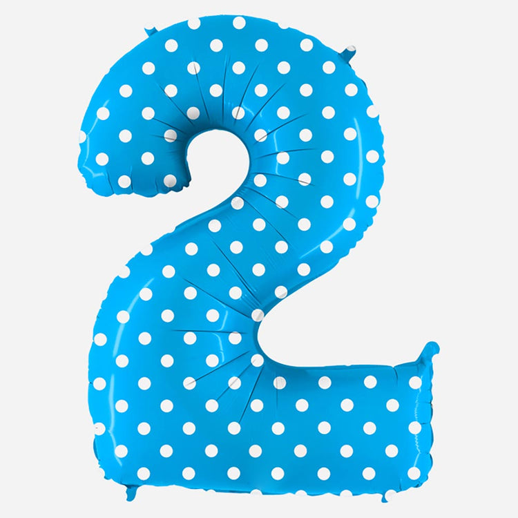 Decoration anniversaire : ballon chiffre 2 géant bleu à pois blancs