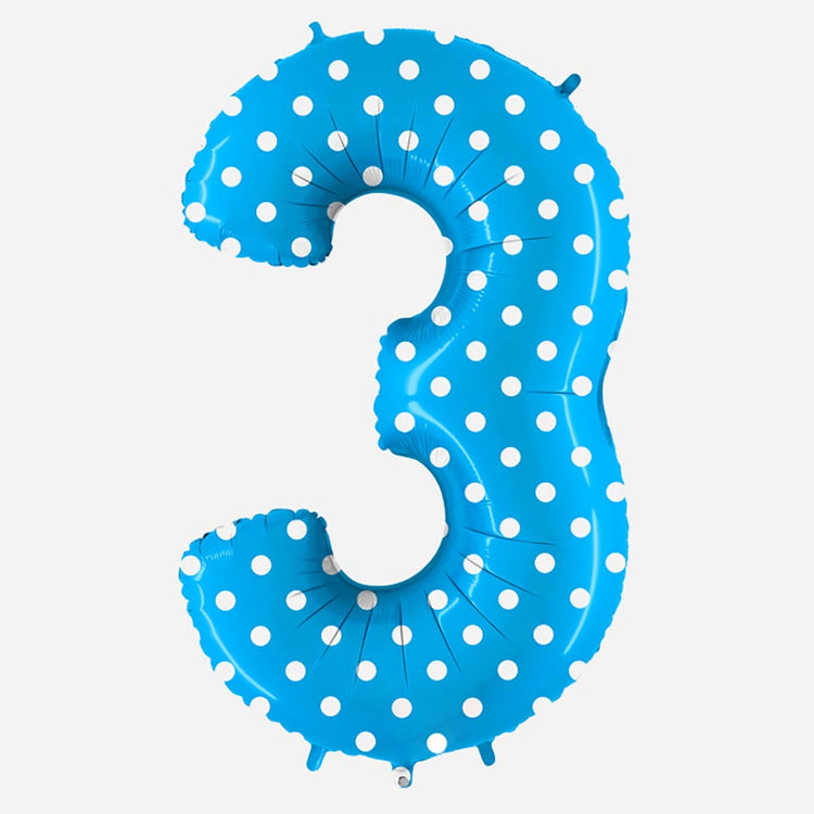 Decoration anniversaire : ballon chiffre 3 géant bleu à pois blancs