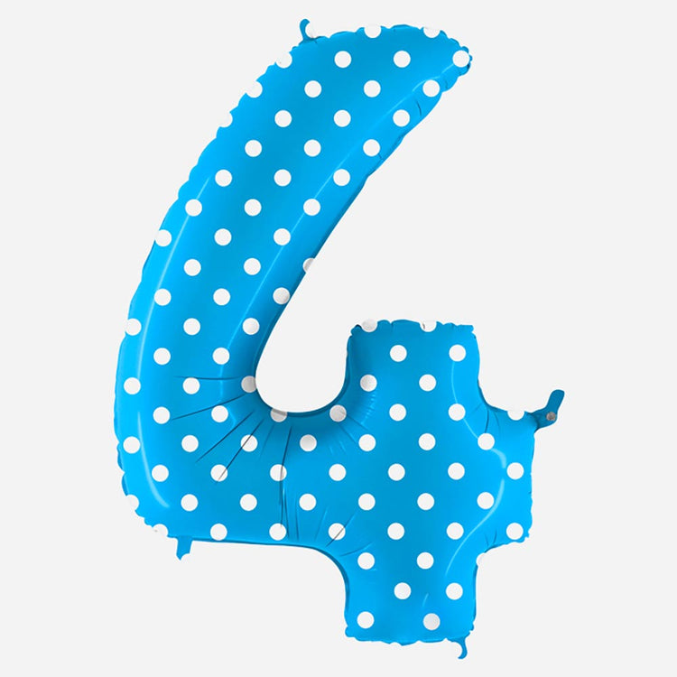 Decoration anniversaire : ballon chiffre 4 géant bleu à pois blancs