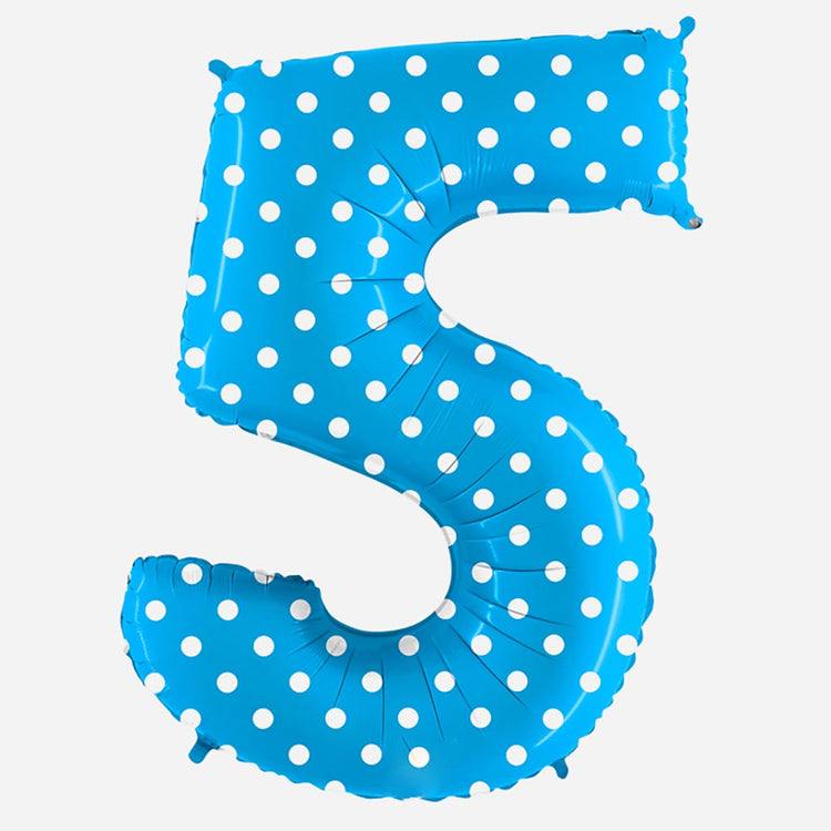 Decoration anniversaire : ballon chiffre 5 géant bleu à pois blancs
