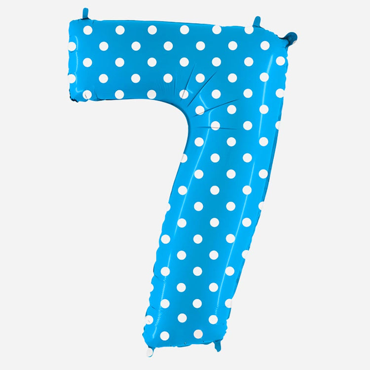 Decoration anniversaire : ballon chiffre 7 géant bleu à pois blancs