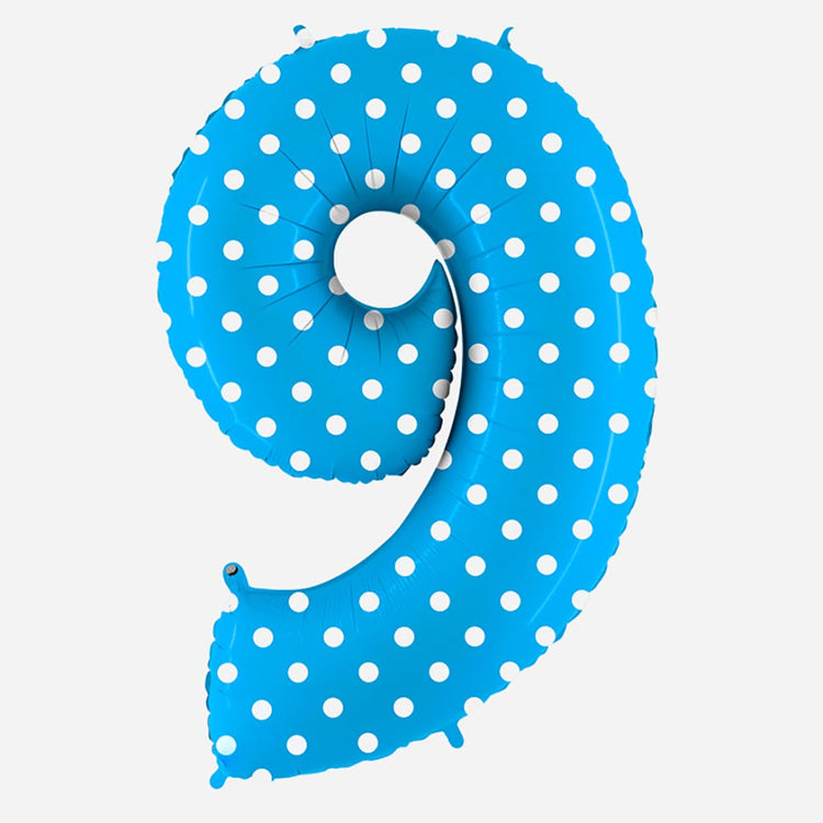 Decoration anniversaire : ballon chiffre 9 géant bleu à pois blancs