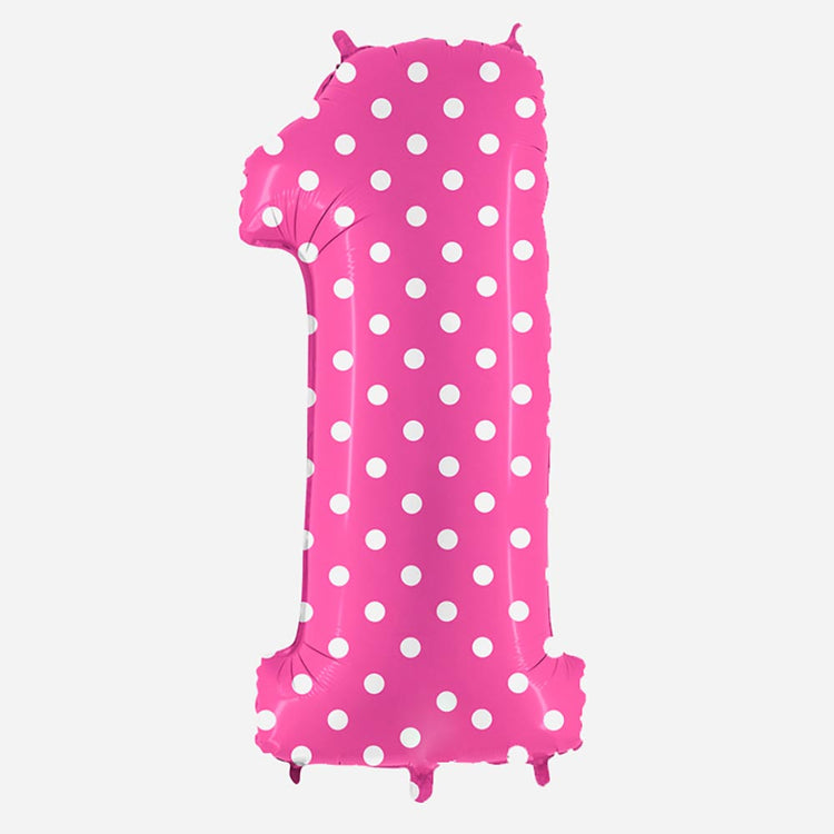 Decoration anniversaire : ballon chiffre 1 géant rose à pois blancs