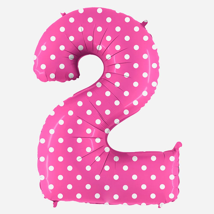 Decoration anniversaire : ballon chiffre 2 géant rose à pois blancs