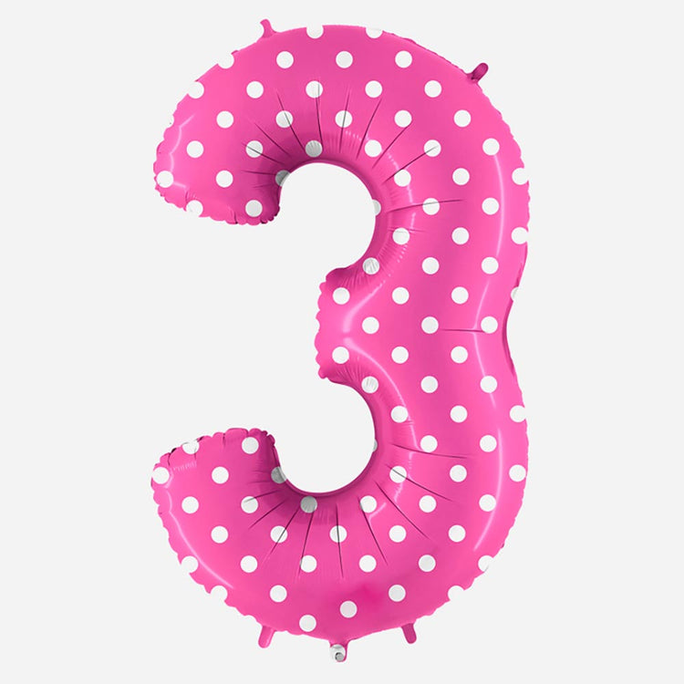 Decoration anniversaire : ballon chiffre 3 géant rose à pois blancs