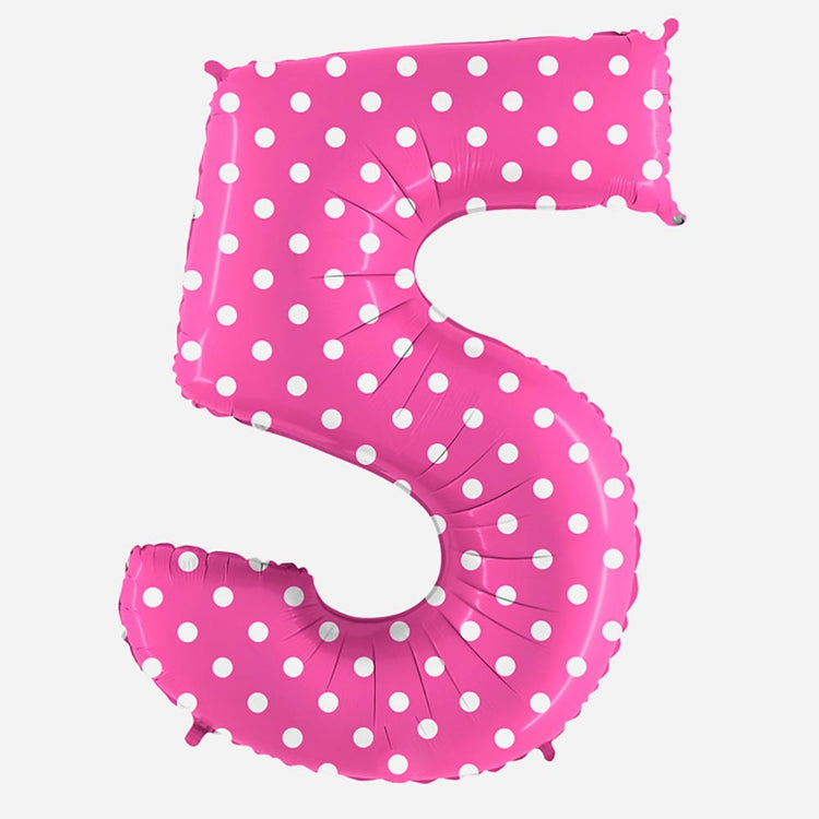 Decoration anniversaire : ballon chiffre 5 géant rose à pois blancs