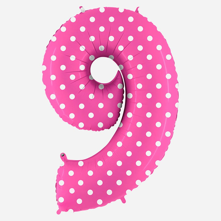 Decoration anniversaire : ballon chiffre 9 géant rose à pois blancs