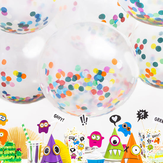 Deco anniversaire enfant multicolore avec ballons géants confettis
