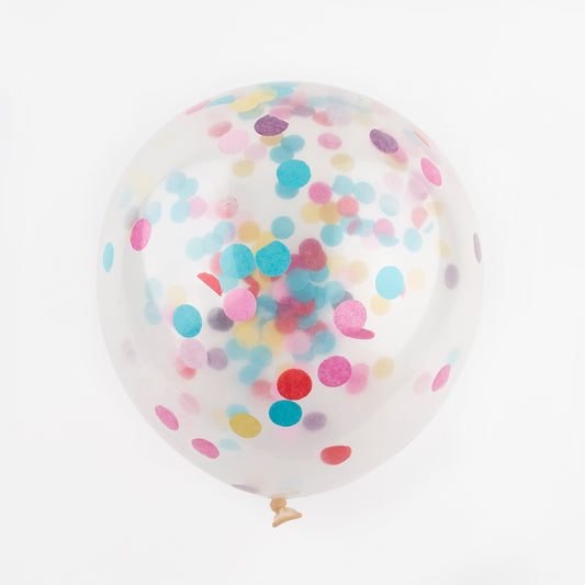Ballons transparents confettis multicolores pour décoration anniversaire.