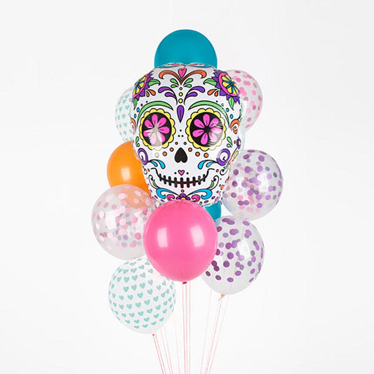 Grappe de ballons Dia de los Muertos avec ballon crane mexicain