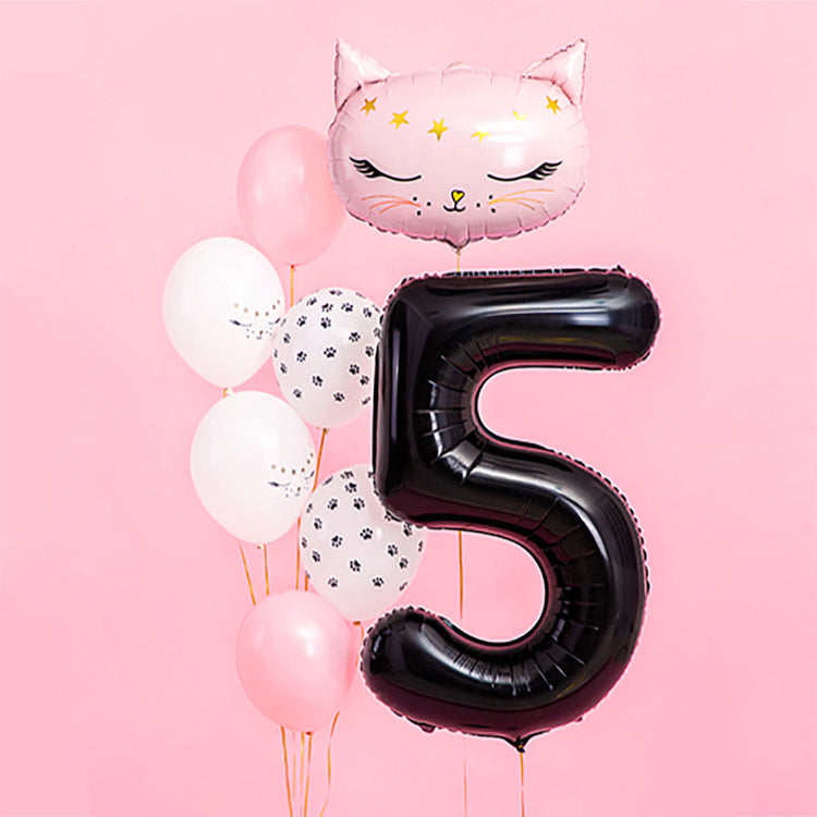 Anniversaire 5 ans : grappe de ballons rose et ballon chiffre géant 5 noir