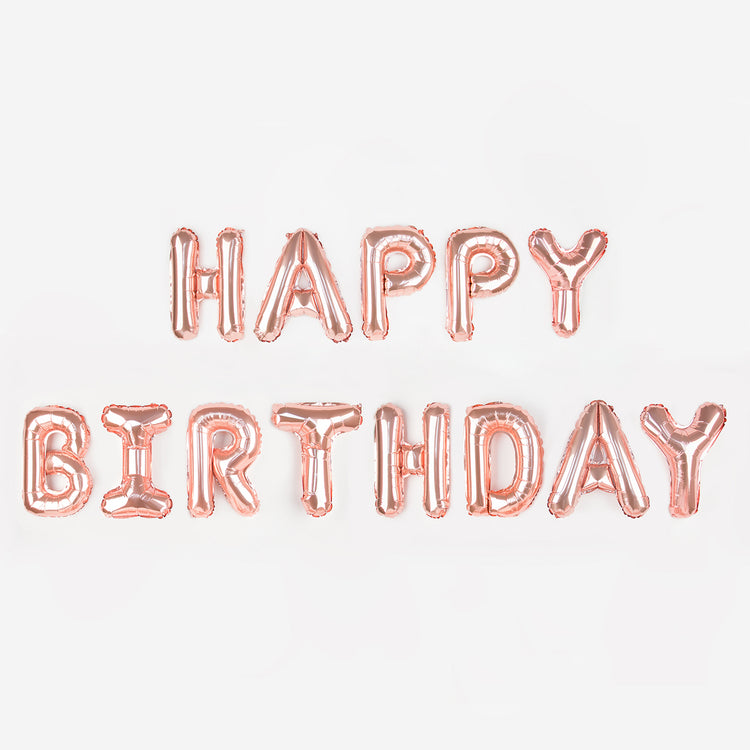 Ballons happy birthday rose gold pour deco anniversaire à suspendre.