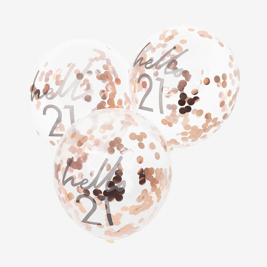 Ballons confettis rose gold hello 21 pour deco anniversaire 21 ans
