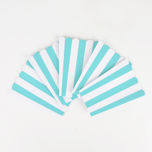 Pochettes à pop corn rayures bleu turquoise pour déco table anniversaire