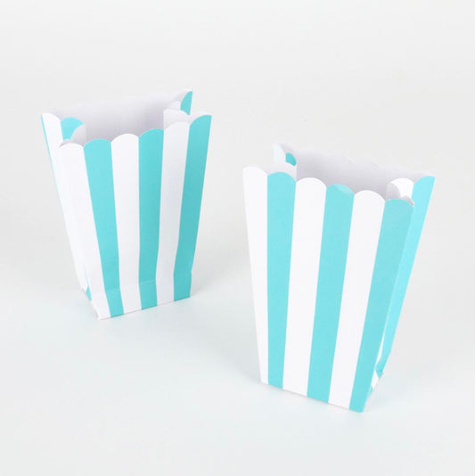 5 boîtes à pop corn avec des rayures turquoise pour pyjama party