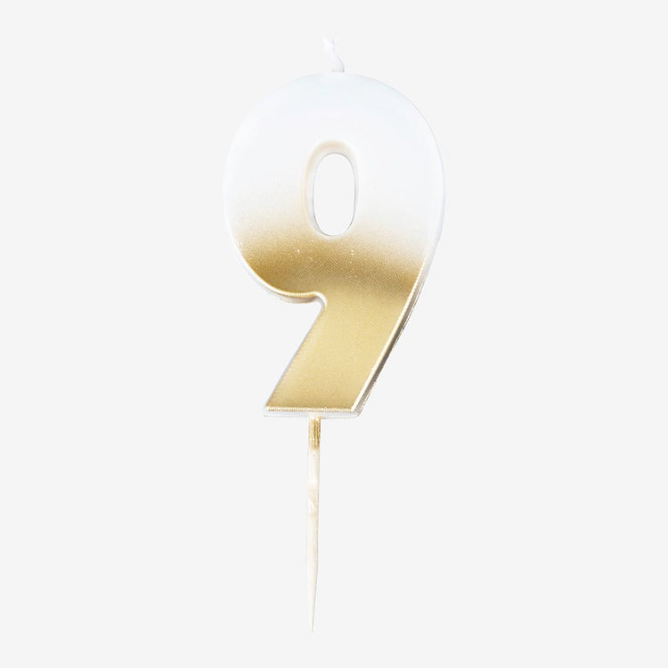 Bougie chiffre 9 doré pour gateau anniversaire 9 ans ou 90 ans