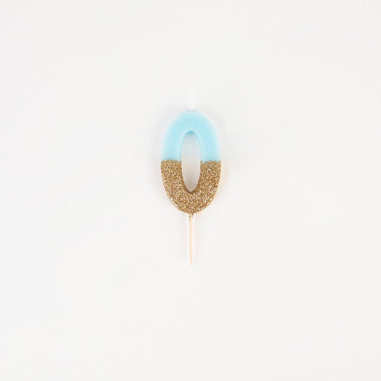 Bougie 0 bleue et dorée pour deco gateau anniversaire garçon.