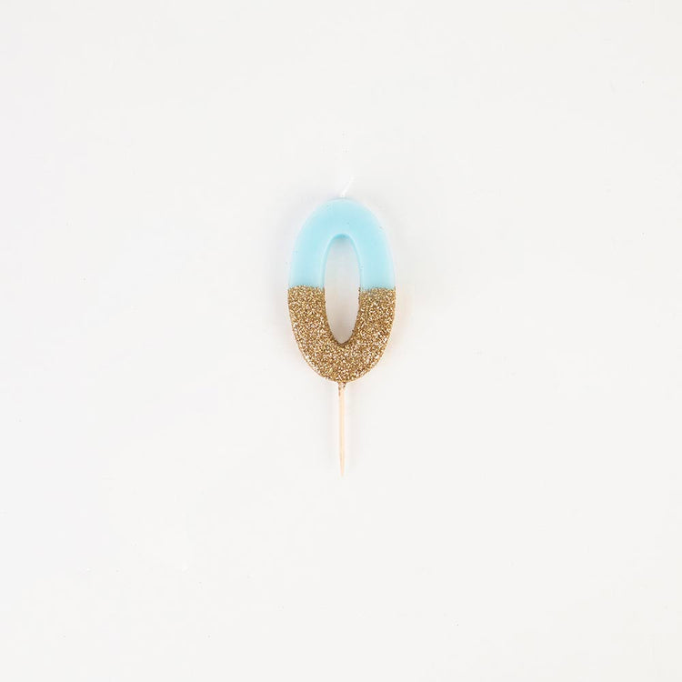 Bougie 0 bleue et dorée pour deco gateau anniversaire garçon.