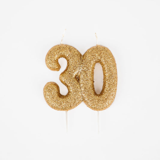 Bougie gateau anniversaire 30 ans originale dorée à paillettes.