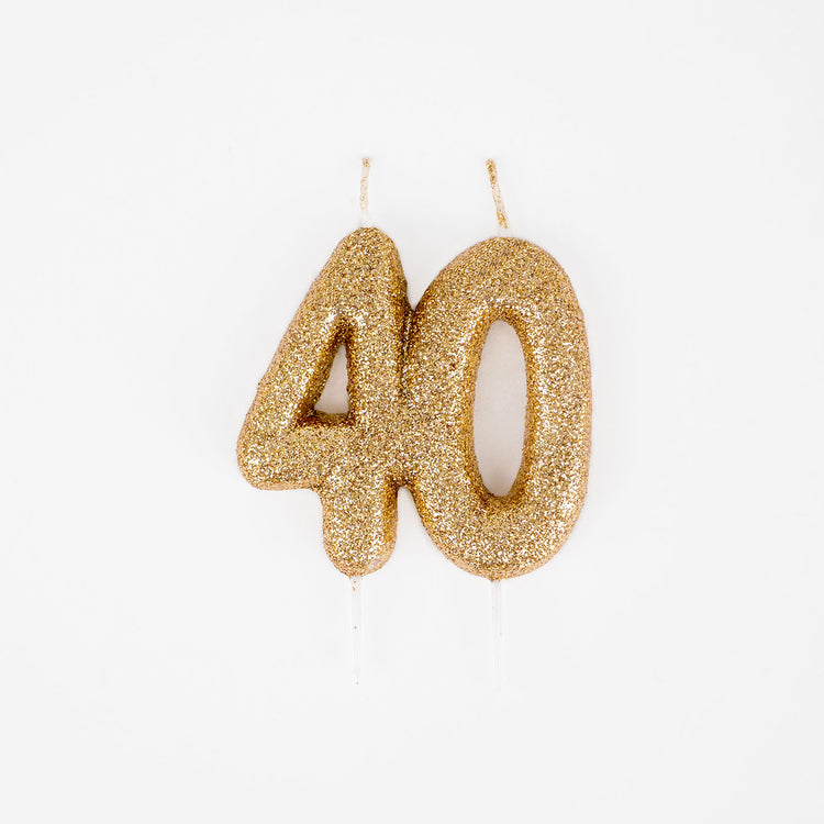 Bougie décoration gateau anniversaire 40 ans dorée paillettes.