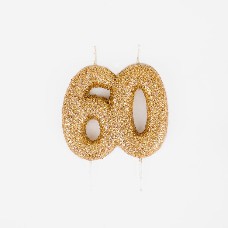 Bougie chiffres dorée à paillettes pour gateau anniversaire 60 ans