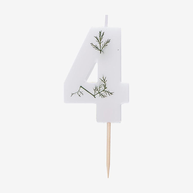 Bougie anniversaire chiffre 4 avec détails feuillage pour naked cake