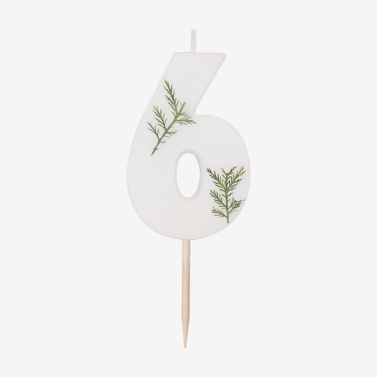 Bougie anniversaire chiffre 6 avec détails feuillage pour naked cake