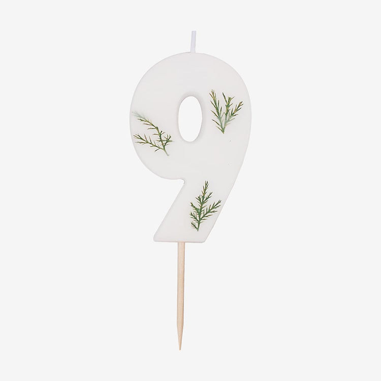 Bougie anniversaire chiffre 9 avec détails feuillage pour naked cake