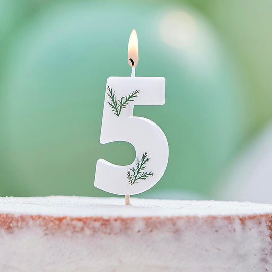 Bougie anniversaire 5 ans avec détails feuillage pour naked cake