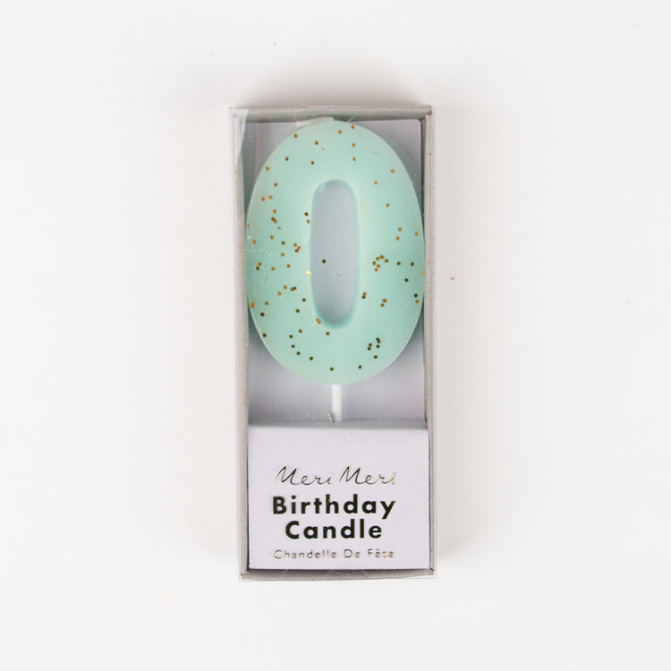 Bougie anniversaire 0 bleu paillettes pour anniversaire pastel.