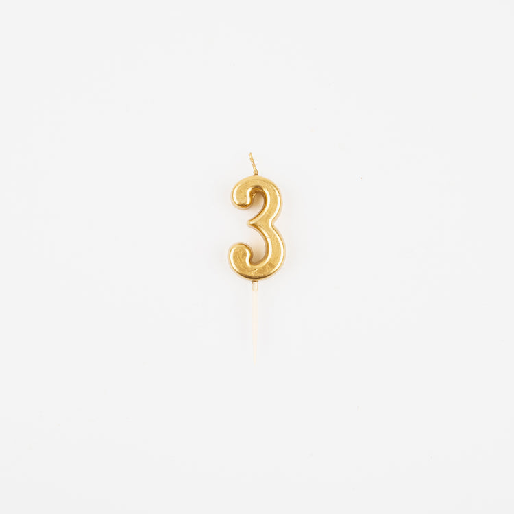 Bougie chiffre 3 doré pour deco gateau anniversaire 13 ans ou 30 ans.