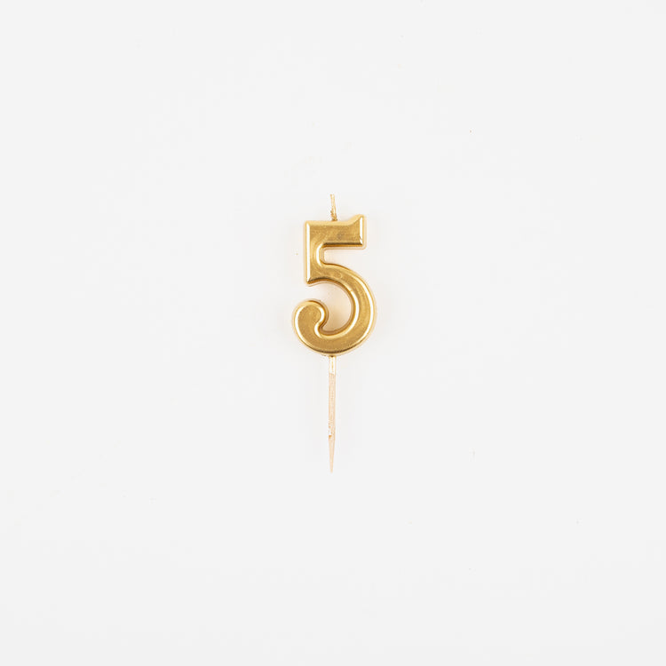 Bougie chiffre 5 doré pour deco gateau anniversaire 5 ans ou 15 ans.