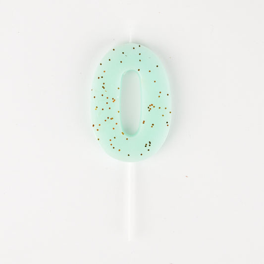 Bougie anniversaire 0 bleu pastel Meri Meri pour anniversaire 10 ans.