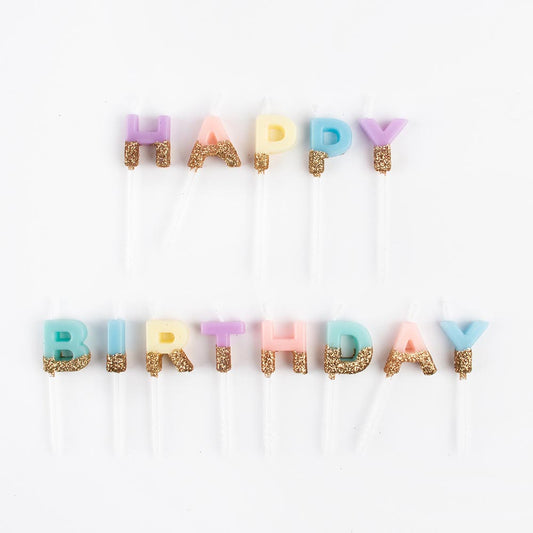 Bougies Happy Birthday pastel pour deco gateau anniversaire.