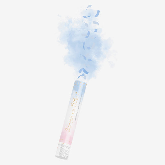 Deco gender reveal : canon poudre bleu pour annonce gender reveal