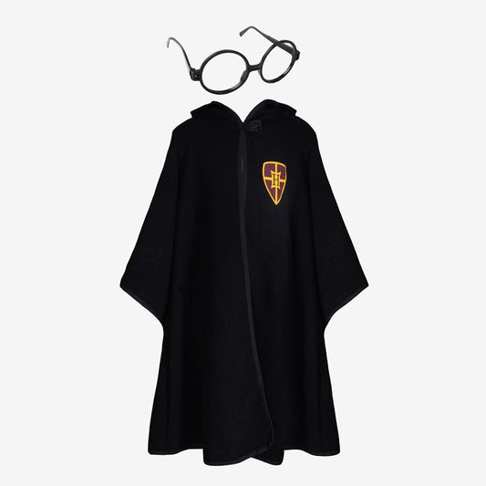 Déguisement harry potter avec cape de sorcier et lunettes rondes