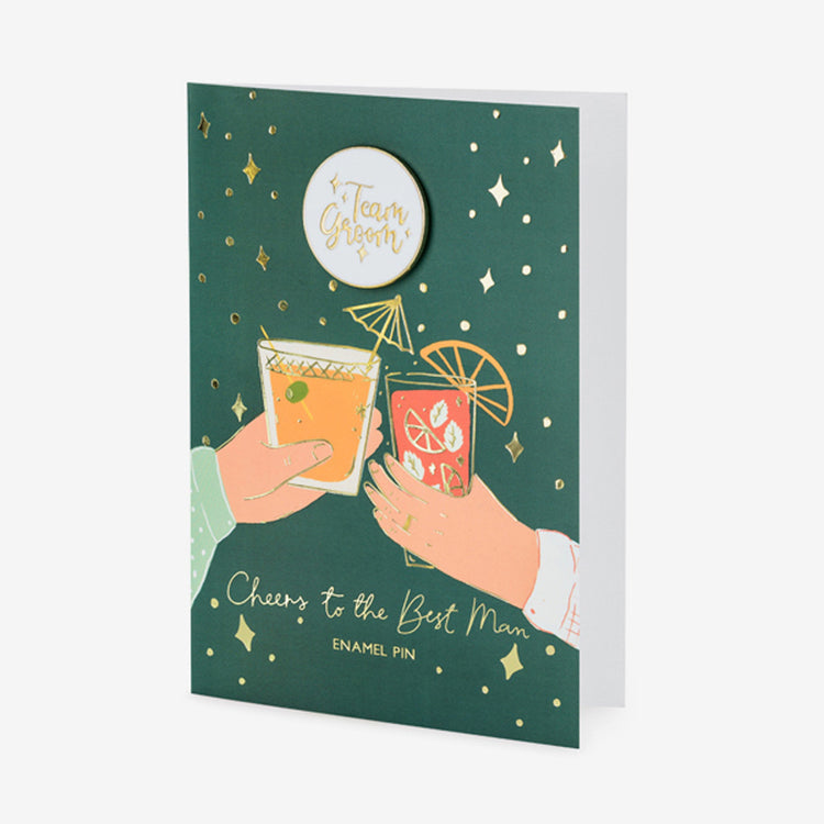 Carte + pin's team groom pour EVG : enterrement de vie de garçon