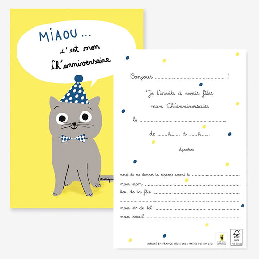 Carte d'invitation humour chat à remplir pour anniversaire enfant