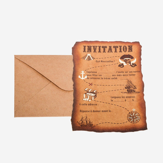 Carte invitation anniversaire pirate en forme de chasse au trésor sur parchemin