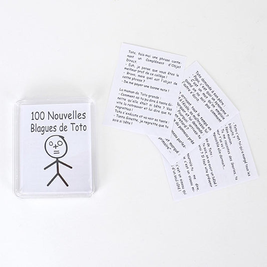 Une petite boîte où se cachent 25 fiches avec 100 blagues de Toto.