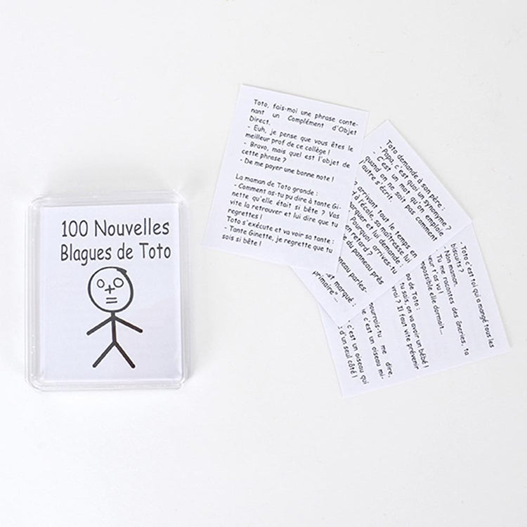 Une petite boîte où se cachent 25 fiches avec 100 blagues de Toto.