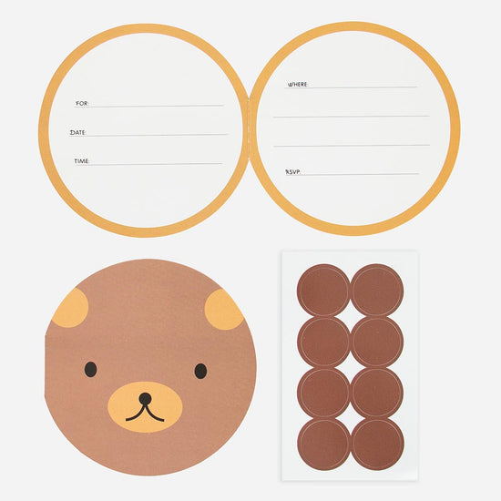 Carton d'invitation ourson avec stickers : anniversaire enfant thème foret