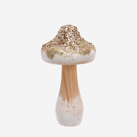 Grand champignon en bois recouvert de paillettes dorées pour deco table d enoel