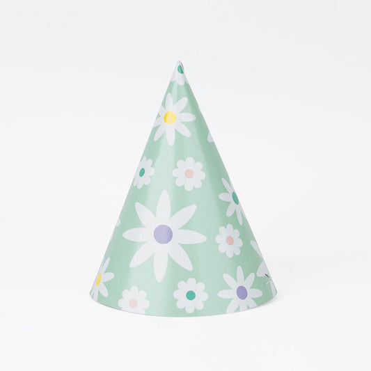 Accessoire anniversaire fille : chapeaux pointus motif marguerites
