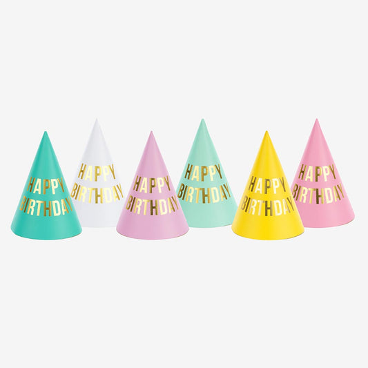 Chapeaux pointus multicolores happy birthday doré : deco anniversaire