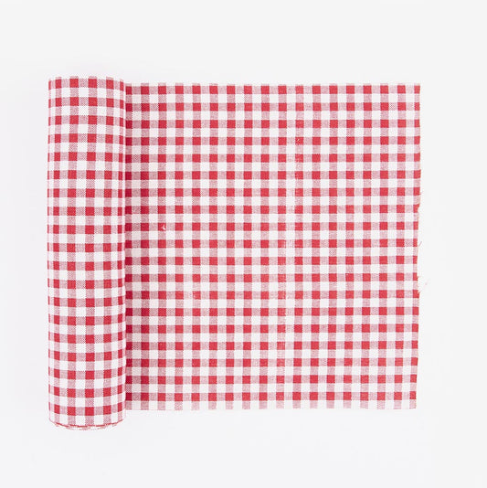 Chemin de table lin vichy rouge pour déco de table de mariage guinguette