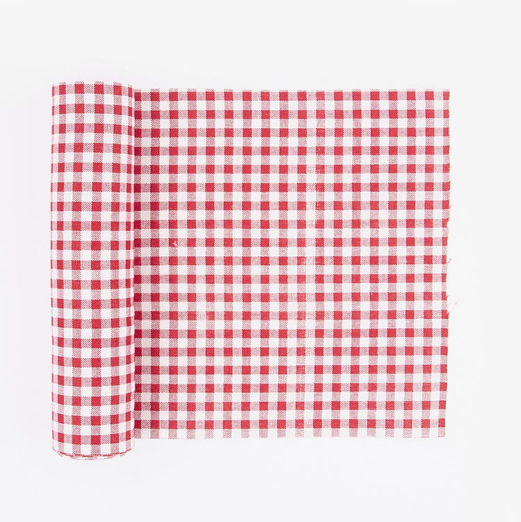 Chemin de table lin vichy rouge pour déco de table de mariage guinguette